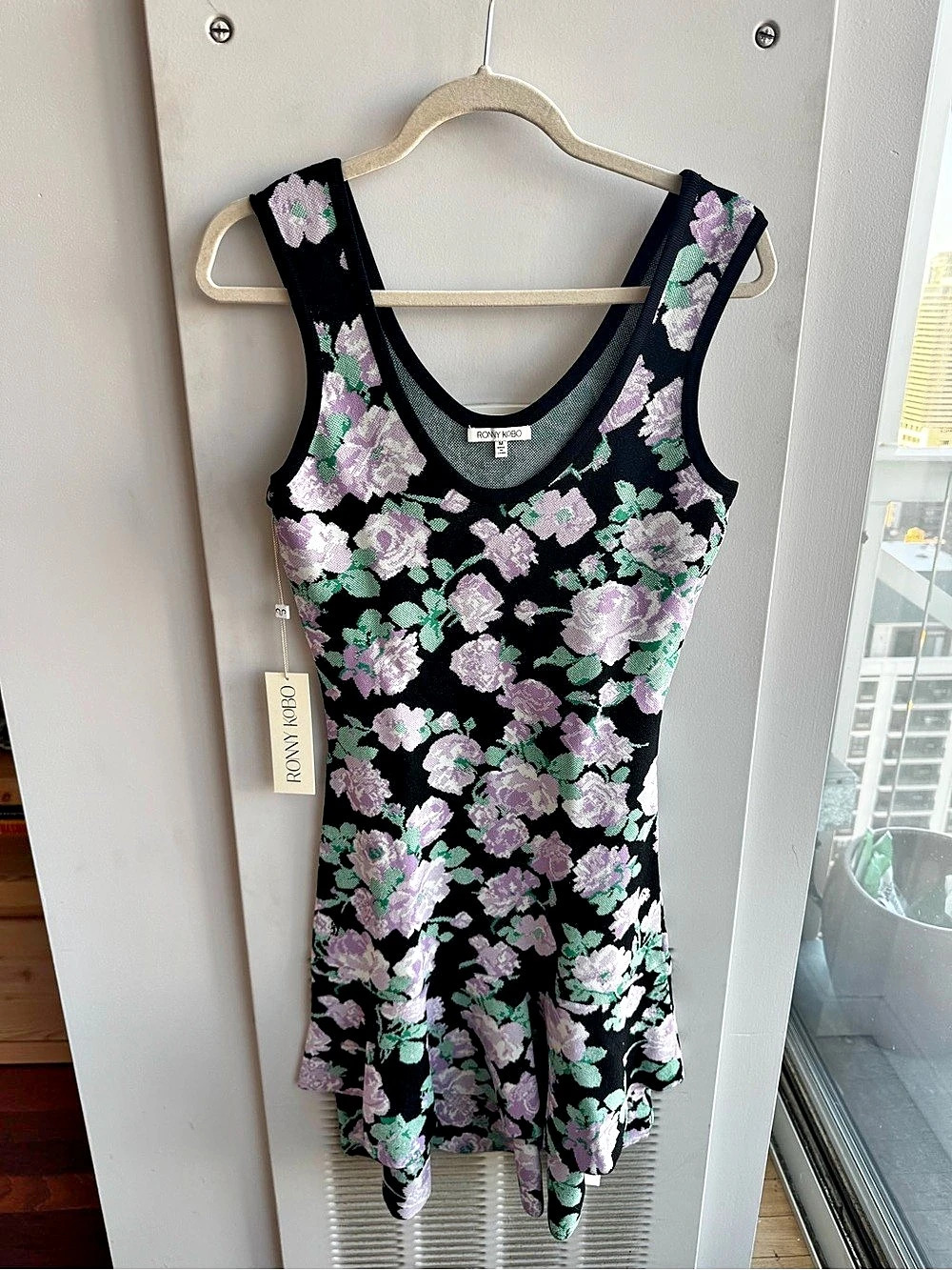 Ronny Kobo Floral knit midi Dress in Black & Purple Size M NWT